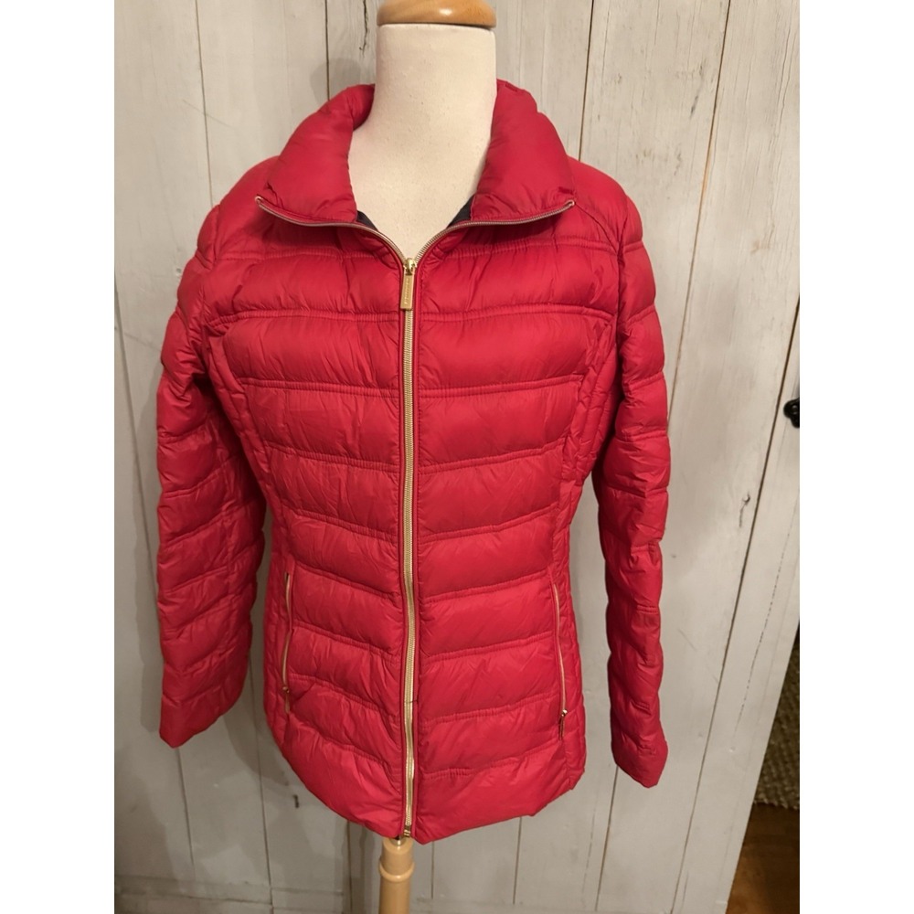 MICHAEL KORS Red Quilted Lg Packable Puffer Down Jacket Coat Gold Zip L5 - Picture 4 of 9